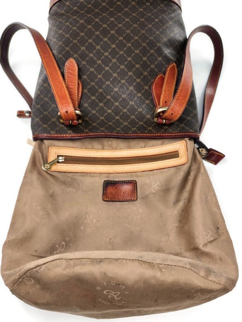 Rioni Brown Coated Canvas Gold Monogram Pattern & Leather Shoulder Bucket Bag - Picture 13 of 14
